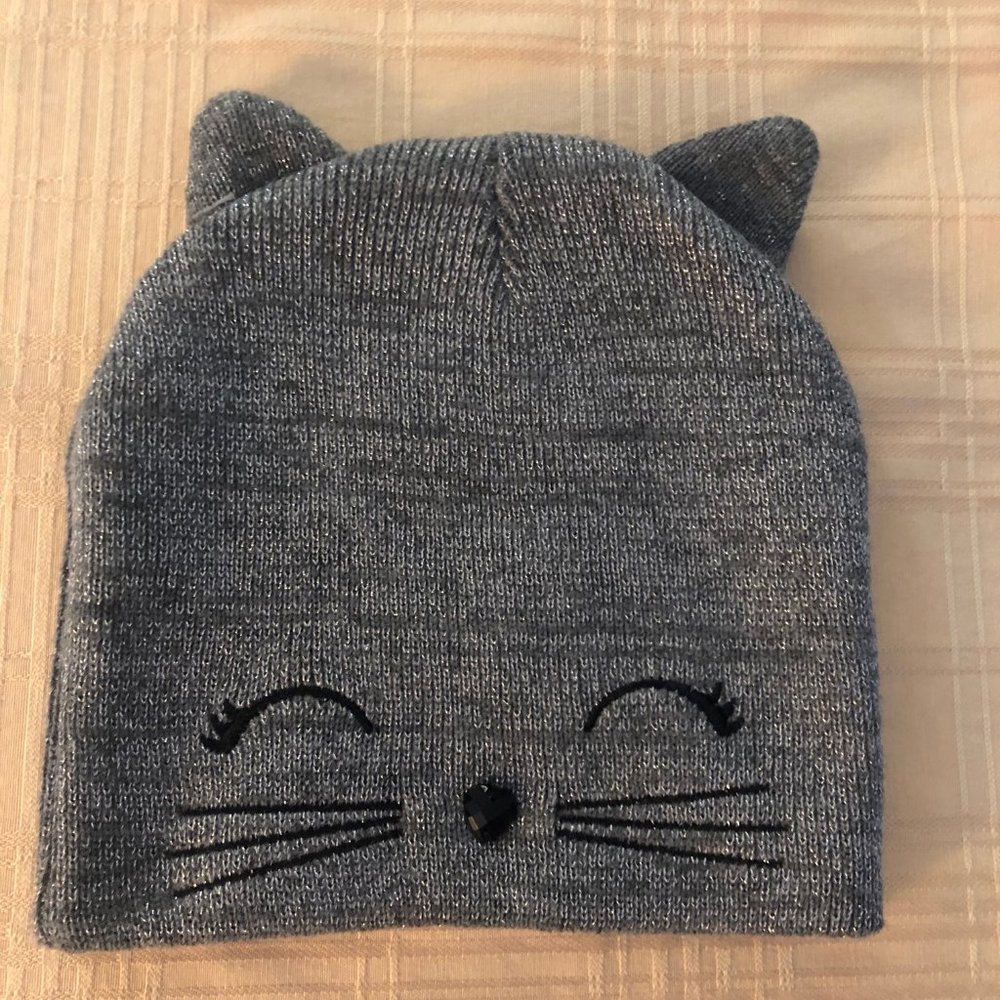 Girls Kitty Cat knit hat Justice Brand Gray w/Silver